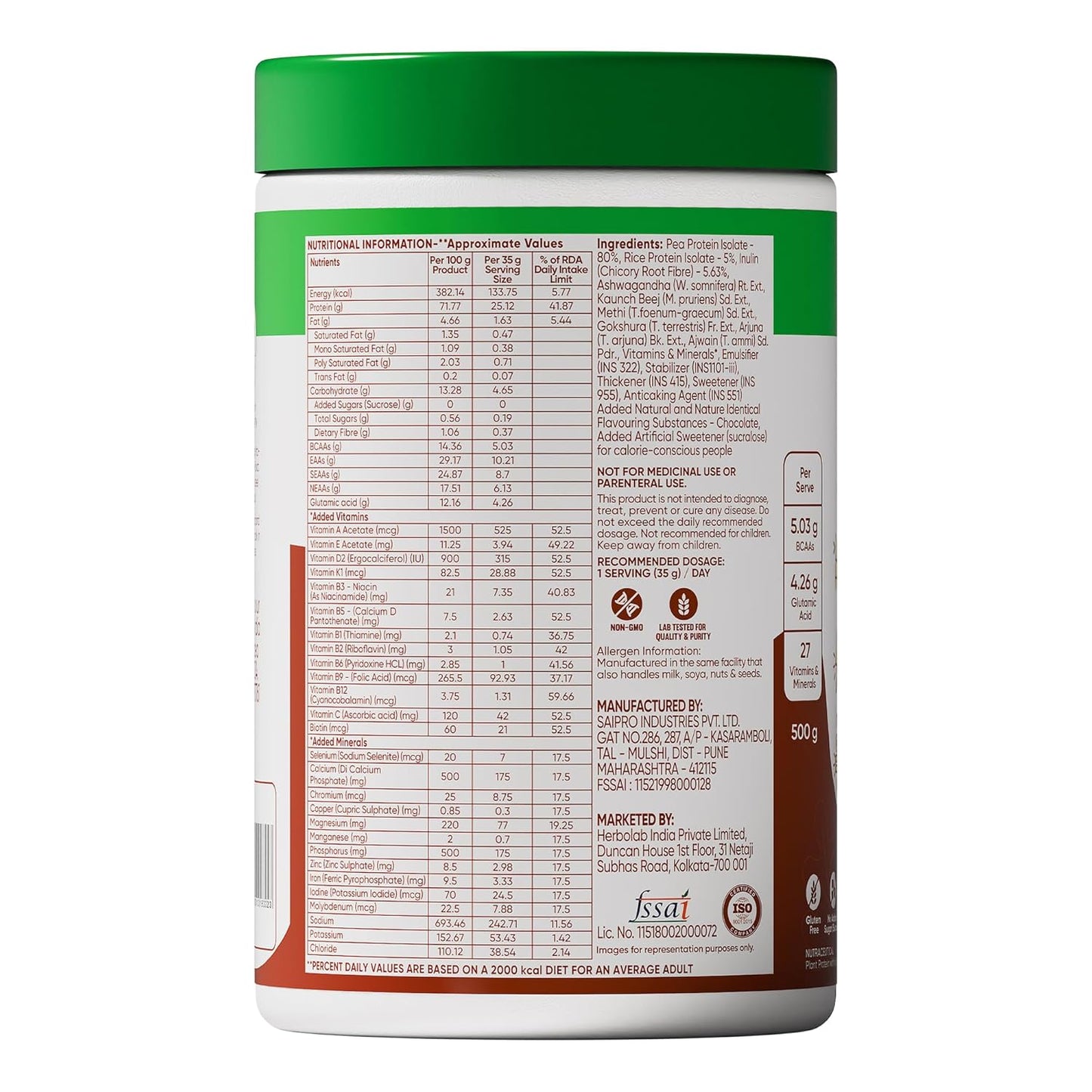 Dr. Vaidyaâ€™s Plant Protein Powder | Ayurvedic Pea Protein with Ashwagandha, Methi & Ajwain | 25g Protein per Serving | Muscle Gain, Energy & Weight Loss | 500g Chocolate Flavour