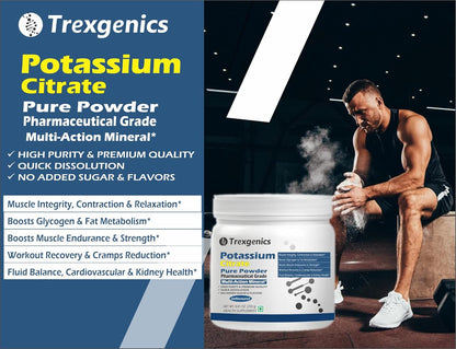 Trexgenics POTASSIUM CITRATE Pure Powder Pharmaceutical Grade Electrolyte Balance, Nerve & Muscle Health (250 gram / 8.81 OZ)