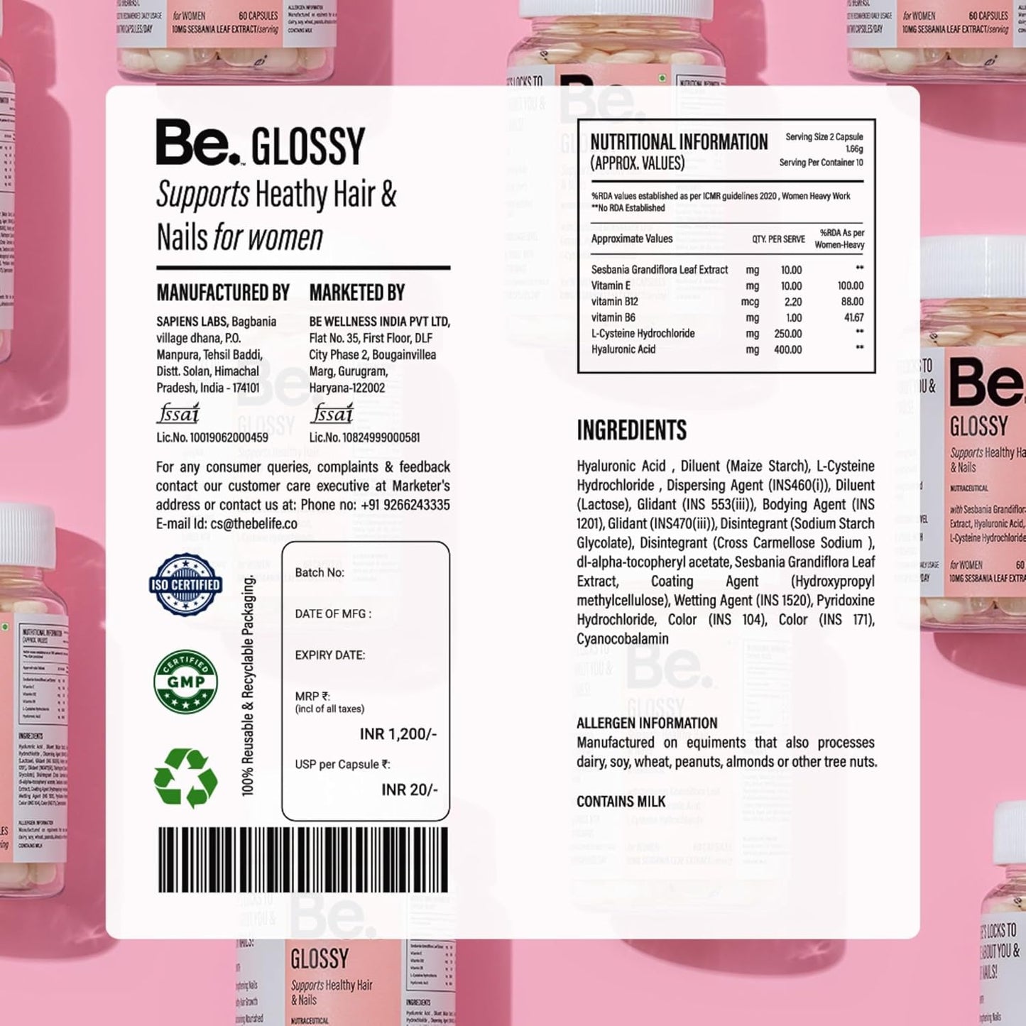 Be. Glossy Hair & Nail Strength Supplement | L-Cysteine, Hyaluronic Acid & Vitamin E for Stronger Hair, Reduced Breakage & Healthy Nails | Travel Pack | 20 Veg Capsules