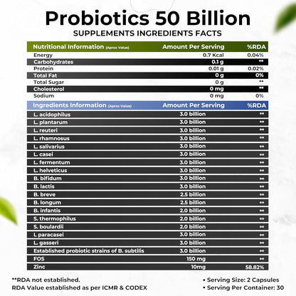 HEALTH VEDA ORGANICS PRIVATE LIMITED Probiotics 50 Billion Cfu Multi-Strains With Prebiotic | Good Digestive, Gut Health, Diarrhea, Gas & Bloating Support | Men And Women - 60 Vegetarian Capsules