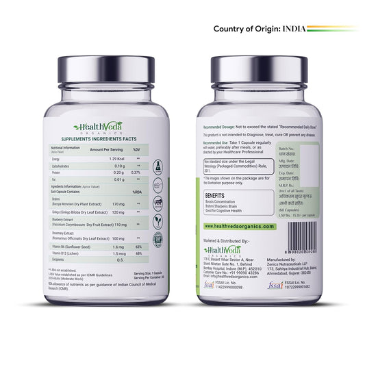 HEALTH VEDA ORGANICS PRIVATE LIMITED Plant Based Brain Booster With Ginkgo Biloba & Brahmi I 60 Veg Capsules I Boosts Concentration & Learning Activities