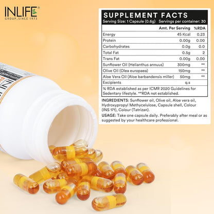 INLIFE Plant Based Natural Vitamin E Oil Capsules for Face and Hair|Sunflower, Olive & Aloe Vera Oils |Skin Health and immunity support Supplement for Women & Menâ€“30 Vegetarian Capsules (Pack of 1)