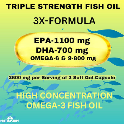 Nutrasium | Triple Strenght Omega-3 Fish Oil 2600 mg Per Serving | For Supports Heart, Brain, Eye, Joints, Skin, and Bone Health| 30 softgel Capsules.
