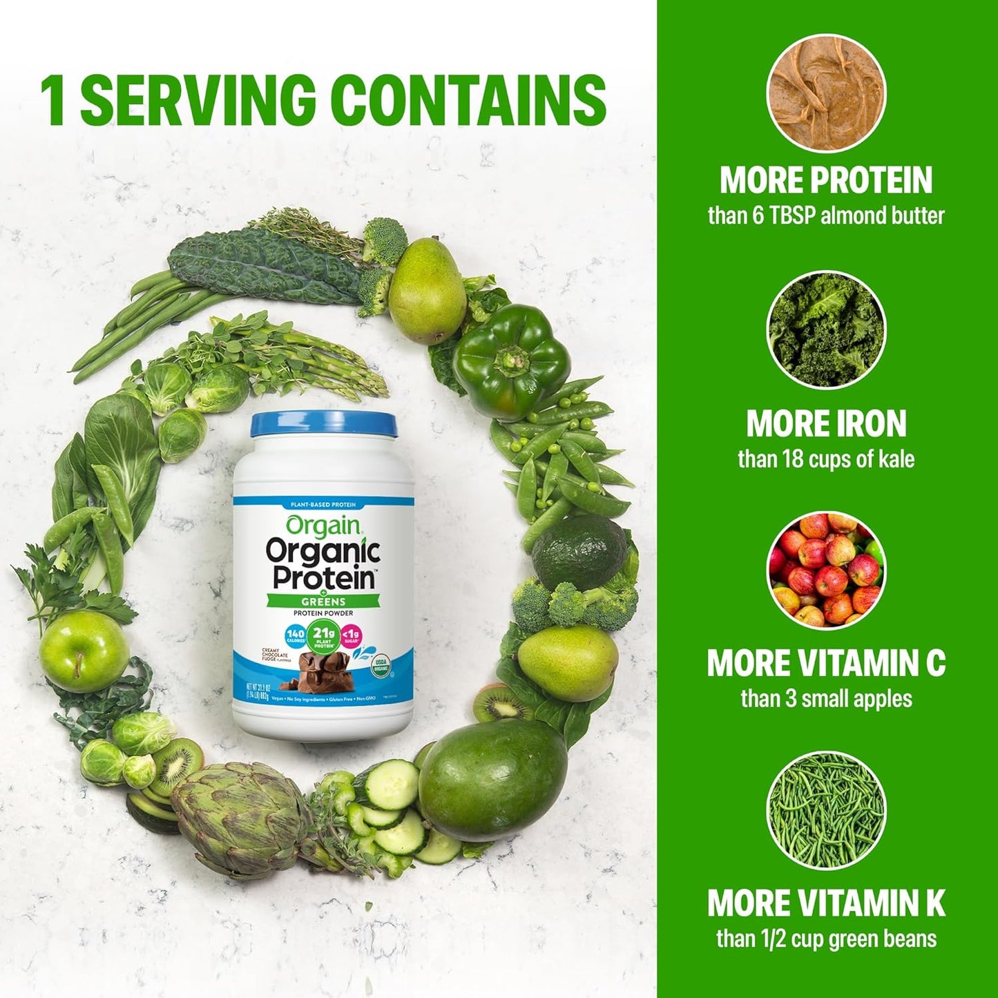 Orgain Organic Vegan Protein Powder + Greens, Creamy Chocolate Fudge - 21g Plant Based Protein, Gluten Free, Dairy & Lactose Free, Soy Free, No Sugar Added, Iron & Prebiotics for Gut Health - 1.94lb