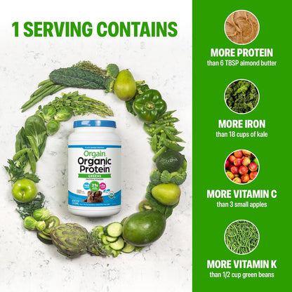 Orgain Organic Vegan Protein Powder + Greens, Creamy Chocolate Fudge - 21g Plant Based Protein, Gluten Free, Dairy & Lactose Free, Soy Free, No Sugar Added, Iron & Prebiotics for Gut Health - 1.94lb