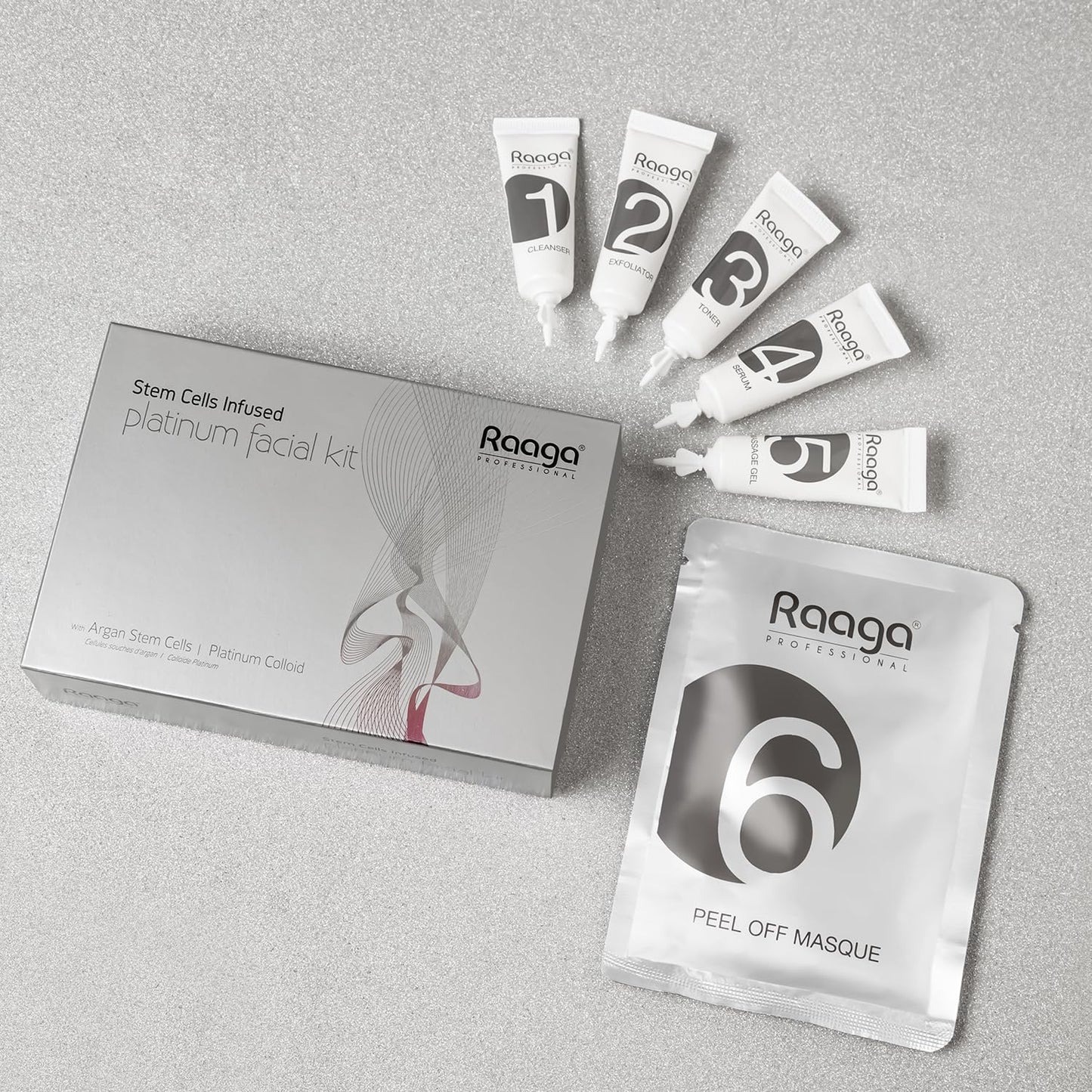 Raaga Professional Stem Cells Infused Platinum 6 Step Facial Kit | Platinum Colloid, Argan Stem Cells | Restores Skin's Moisture | All Skin Types (61 gm)