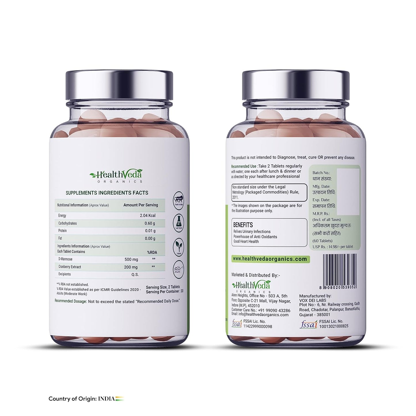 HEALTH VEDA ORGANICS PRIVATE LIMITED D-Mannose 500 mg + Cranberry Extract 200 mg | 60 Veg Tablets I Supports Kidney Health & Urinary Tract Infection
