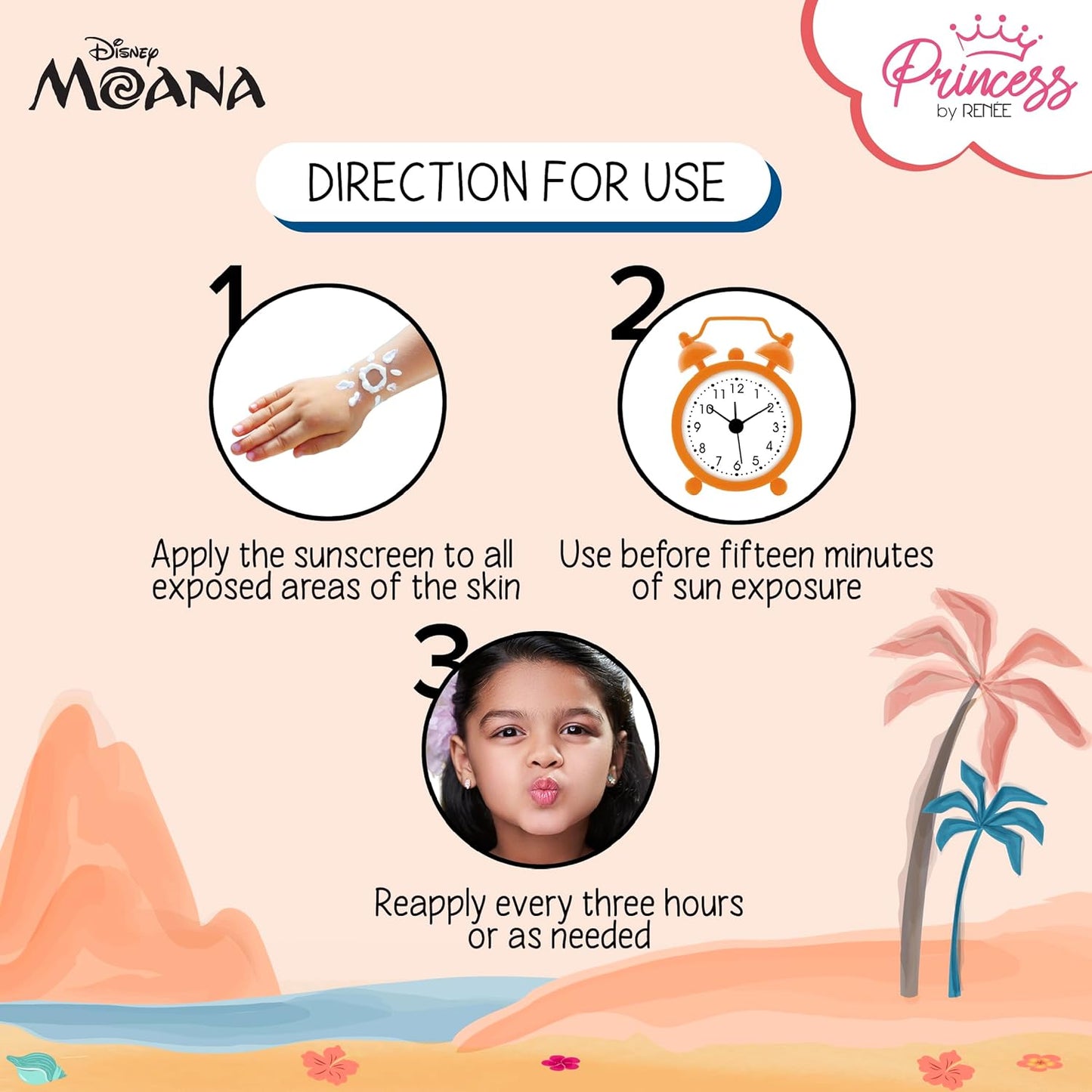 Princess by RENEE Disney Moana Sunscreen with SPF 50, Protects & Nourishes, Zero White Cast, Lightweight & Non-Greasy, Quick-absorbing Formula, Vitamin E, Cocoa Butter, Provitamin B5 Infused, 50 Ml