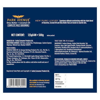 Park Avenue Premium Menâ€™s Soaps for Bath â€“ Pure Luxury | 125g (Pack of 4) | Enriched with Shea Butter & Coconut Oil | Grade 1 Soap | For All Skin Types