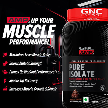 GNC Amp Pure Isolate Zero Carb | 2 Lbs | 30 Servings | Boosts Athletic Performance Builds Lean Muscles | Speeds Up Recovery | Digezyme For Easy Digestion | 25G Protein | 6G Bcaa | Chocolate Frosting