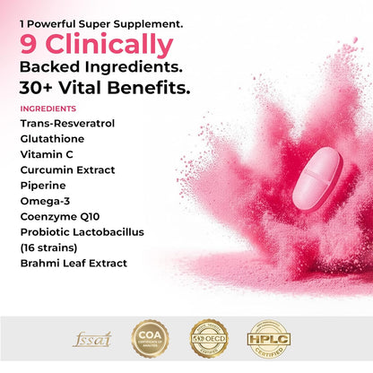 Miror Revive Anti-Aging & Womenâ€™s Daily Wellness Supplement with Resveratrol, Glutathione, Curcumin, Probiotics & CoQ10, Energy, Skin Glow, Gut Health & Immunity Support, Non-GMO, (30 Days Pack)