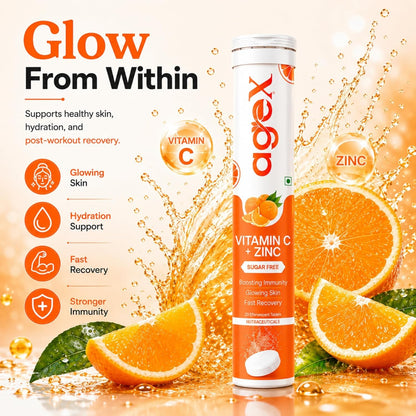 Vitamin C+Zinc Effervescent Tablets | Natural Amla Extract 1000mg + Vit C 80mg + Zinc 10mg | Immunity Booster for Skin, Hair & Nails | Supports Collagen Production |Orange Flavour | Sugar-Free | 20 Effervescent Tablets (Pack of 1)