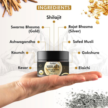 FYTIKA Shilajit/Shilajeet Gold And Silver Resin-20 G|100% Ayurvedic Himalayan Shilajit|Swarn Bhasam,Rajat Bhasam,Ashwagandha,Safed Musli,Gokshura|For Strength,Stamina And Energy,1 Count,20 Grams