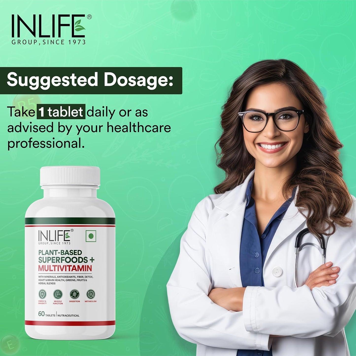 INLIFE Plant Based Multivitamin Tablets for Men & Women | 75+ Ingredients with Vitamins B12, D3, Superfoods, Greens, Vegetables, Fruits & Herbs Supplement for Immuntiy - 60 Tablets (Pack of 1)
