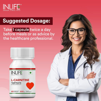 INLIFE L-Carnitine Tartrate Capsules 1000mg | Supports Muscle Health & Excercise Recovery | Supplement for Men Women - 60 Vegetarian Capsules (Pack of 1, 60)