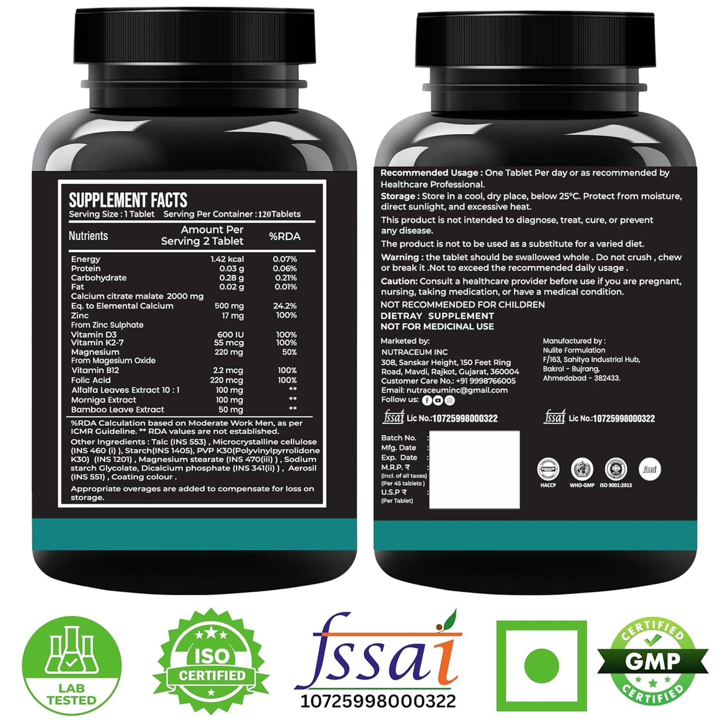 Nutrasium | Calcium & Vitamin D3 Tablets | Calcium Magnesium Zinc D3 & K2 with B12 & Folic Acid | Alfalfa, Moringa & Bamboo Leaves Extract | For Strong Bone & Joint Support | 60 Tablets