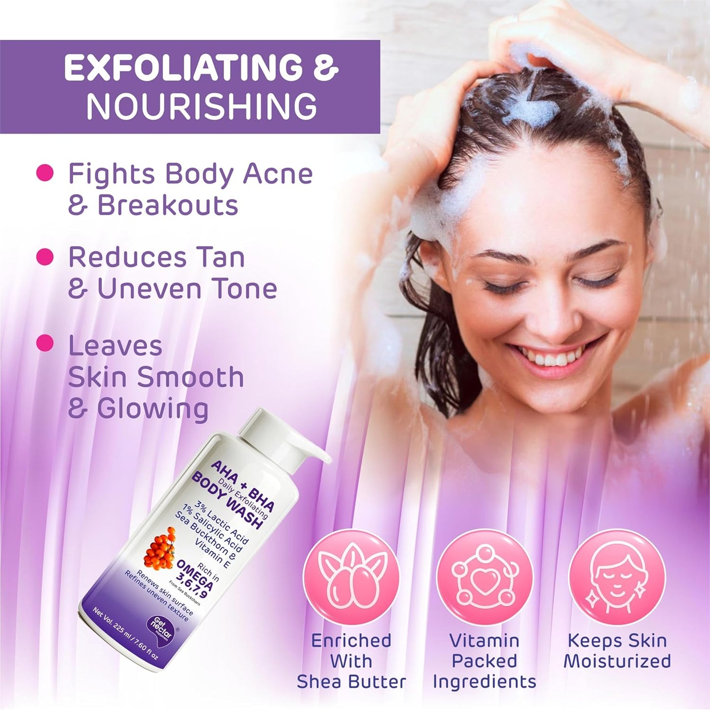 Get Nectar Happiness Korean Glow Essence AHA-BHA Body Wash | 4% Actives (3% Lactic Acid + 1% Salicylic Acid) | Omega 3,6,7,9 | Exfoliating Body Wash for Tan, Body Acne & Smooth Glowing Skin | Sulfate & Paraben Free | For Men & Women | 225ml