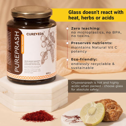 Cureveda Herbal Pureprash | Sugar-Free Chyawanprash with Jaggery and A2 Ghee | 30+ Herbal Extracts | Immunity Booster with Goodness of Saffron (Kesar) for Strength and Stamina | 500 g