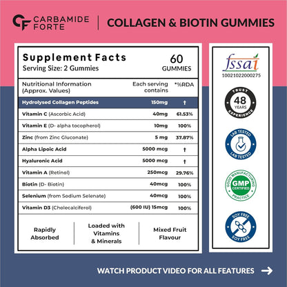 Carbamide Forte Collagen Supplements For Skin | Hair Gummies For Women Hair Growth | Biotin Gummies For Hair Growth & Skin Health For Women & Men | Mixed Fruit Flavour - 60