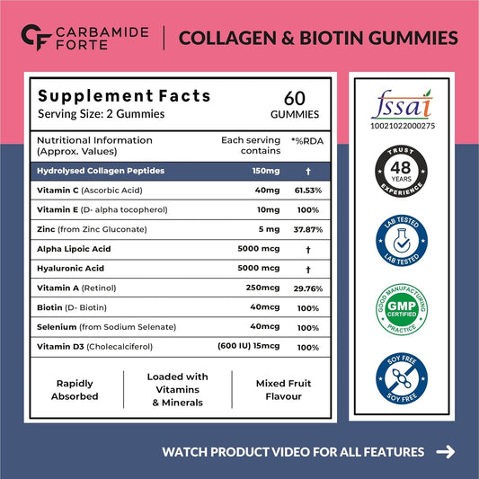 Carbamide Forte Collagen Supplements For Skin | Hair Gummies For Women Hair Growth | Biotin Gummies For Hair Growth & Skin Health For Women & Men | Mixed Fruit Flavour - 60