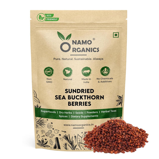 Namo Organics - 500g Himalayan Sea buckthorn Dry Berry â€“ Natural, Sun-Dried, Rich in Omega 3,6,7 and 9, & Vitamin C, E | Dried Seabuckthorn Berries | No Added Sugar or Preservatives