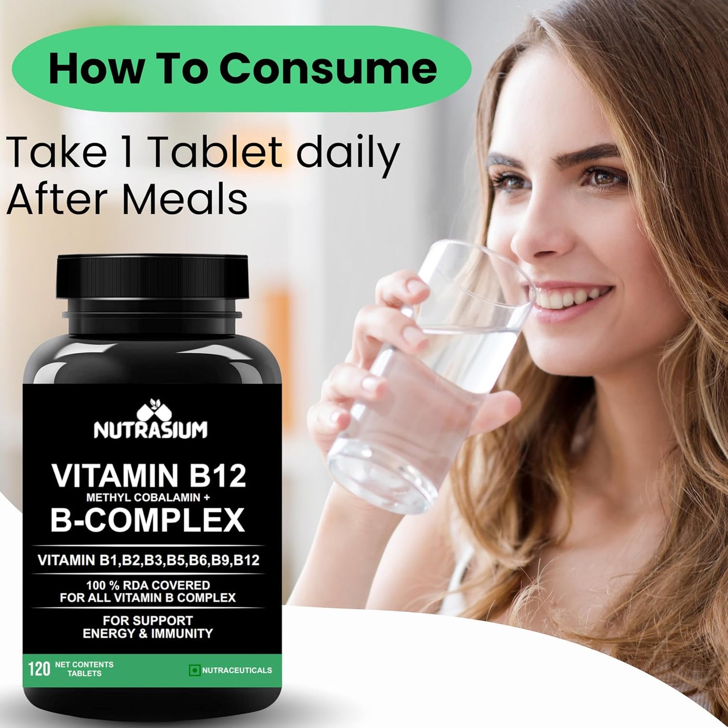 Nutrasium Vitamin B12 with B-Complex Tablets - 100% RDA for B Vitamins with B1, B2, B3, B5, B6, B9 & Vitamin B12 | Vitamin B Complex Supplements for Women & Men - 120 Vegetarian Tablets