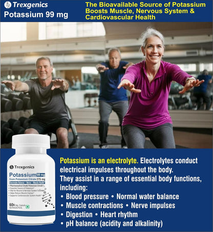 Trexgenics POTASSIUM CITRATE (K 99) 275 mg Electrolyte Balance, Nerve & Muscle Health VEGAN & NON-GMO (60 Vcaps) (Pack of 1)