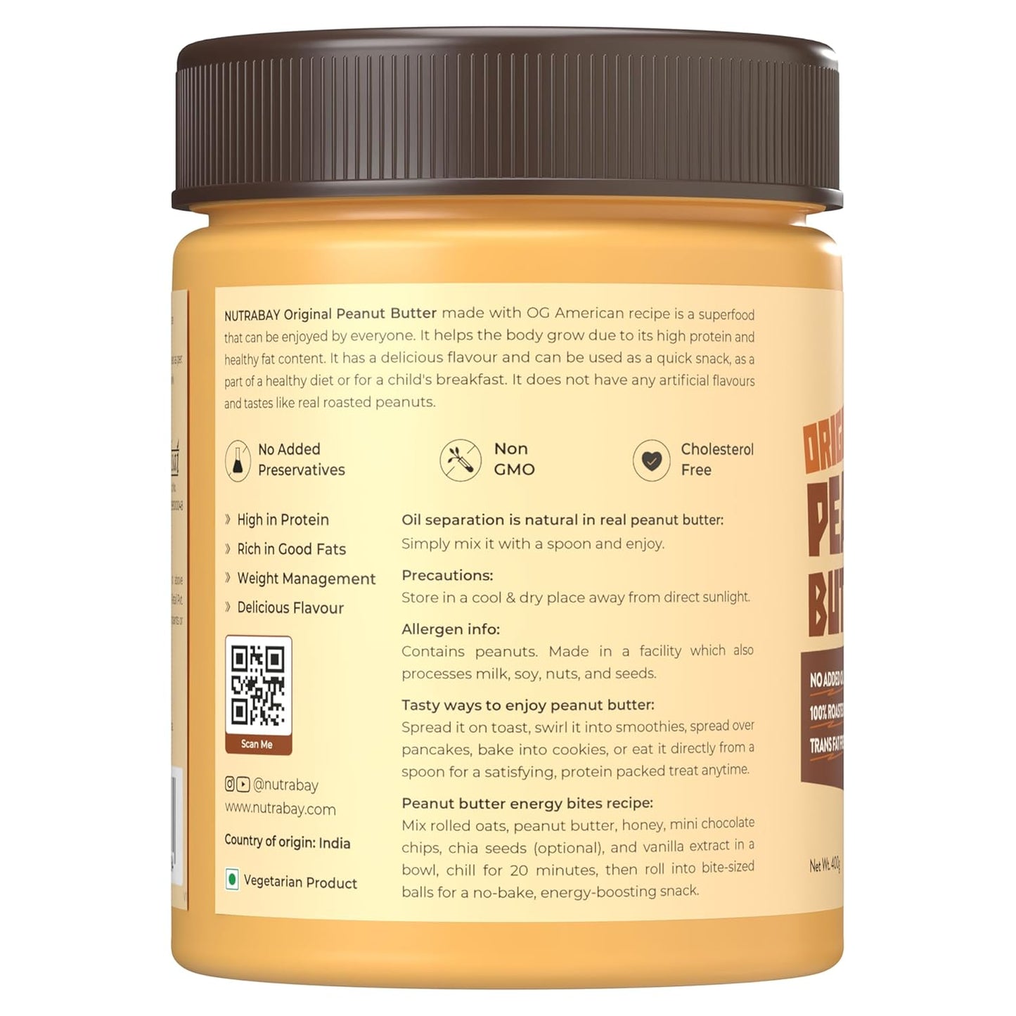 Nutrabay Foods Original Peanut Butter (Creamy) - 400g | 100% Roasted Peanuts, 28g Protein, Zero Cholesterol, Vegan, Gluten Free, Non GMO
