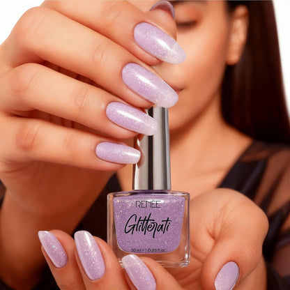 RENEE Glitterati Nail Paint - Lavender Glaze, Glittery Finish, Long Lasting, Chip resisting Formula with High Glitter & Full Coverage, Acetone & Paraben Free, 10 Ml