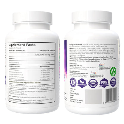 Tealed Probiotic 50 Billion CFU | 5 Targated Strains + SunfiberÂ® (PHGG) | Japanese Clinical Prebiotic | Supports Constipation, IBS, Immunity, Gut Health & Bloating | For Men & Women | 60 Veg Caps