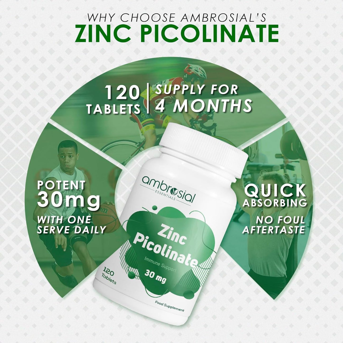 Ambrosial Zinc Picolinate 30mg, High Strength Zinc Supplements, Best Tablet for Immune Support, Bones, Hair, Skin, Nails, Supplement for Men & Women, Pack of 1-120 Tablets.