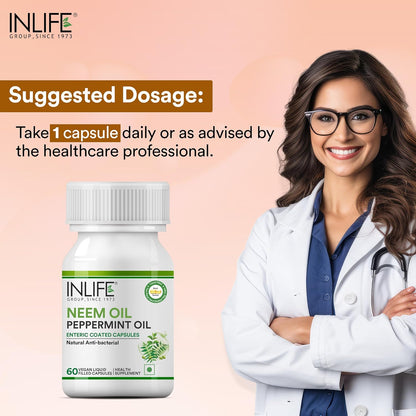 INLIFE Neem Oil 350mg with Peppermint Oil 150mg | Digestive Health & Skin, Hair Care Supplement | Enteric Coated Capsules â€“ 60 Liquid Filled Vegetarian Capsules (Pack of 1, 60)