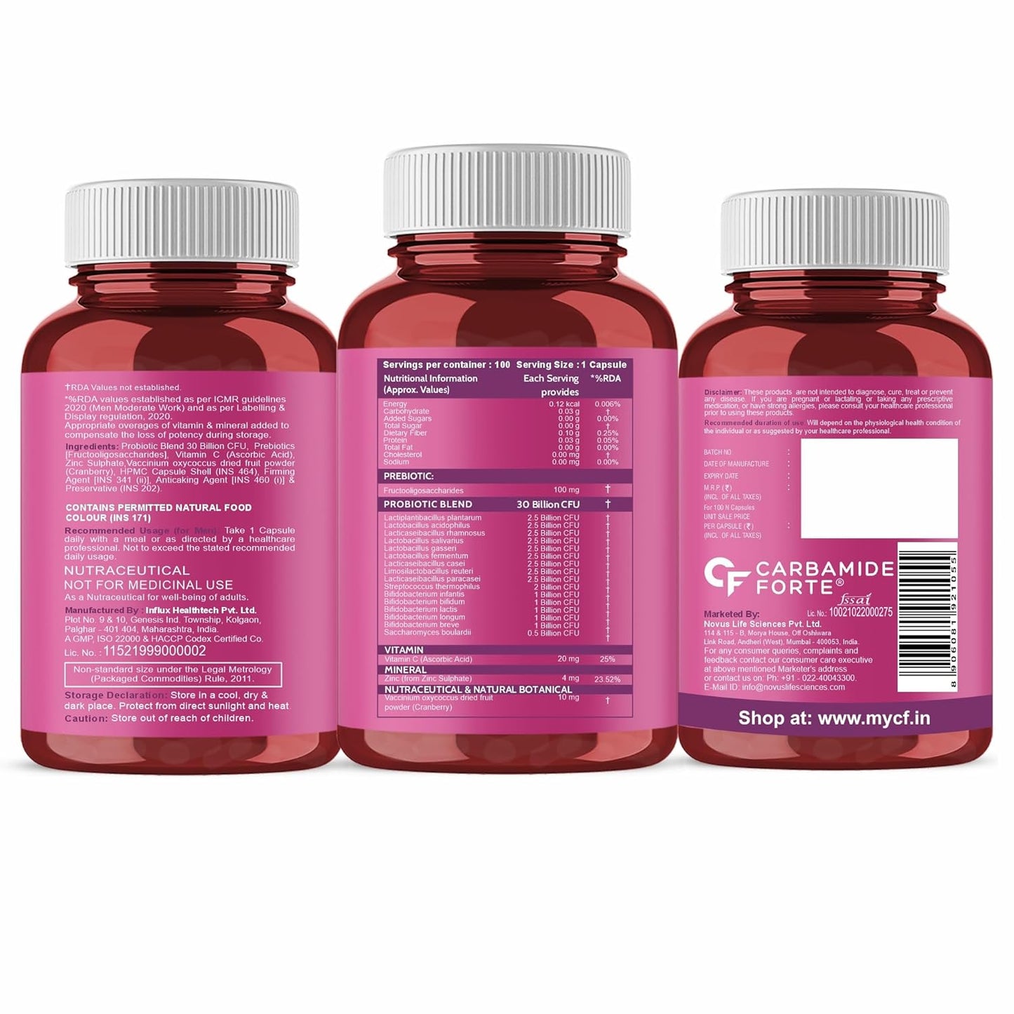 Carbamide Forte 30 Billion Probiotics Supplement | Gut Cleanse Detox | Gut Health Supplement with Prebiotics and Probiotics | Lactobacillus Reuteri 100 Veg Capsules for Men & Women