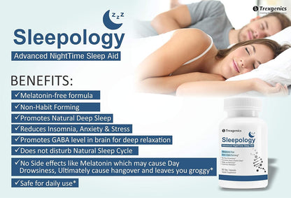 Trexgenics SLEEPOLOGY Advanced Melatonin-Free, Non-Habit Forming NightTime Sleep Support Passion flower, valerian, chamomile, Magnesium bisglyciante (60 Veg. Capsules)