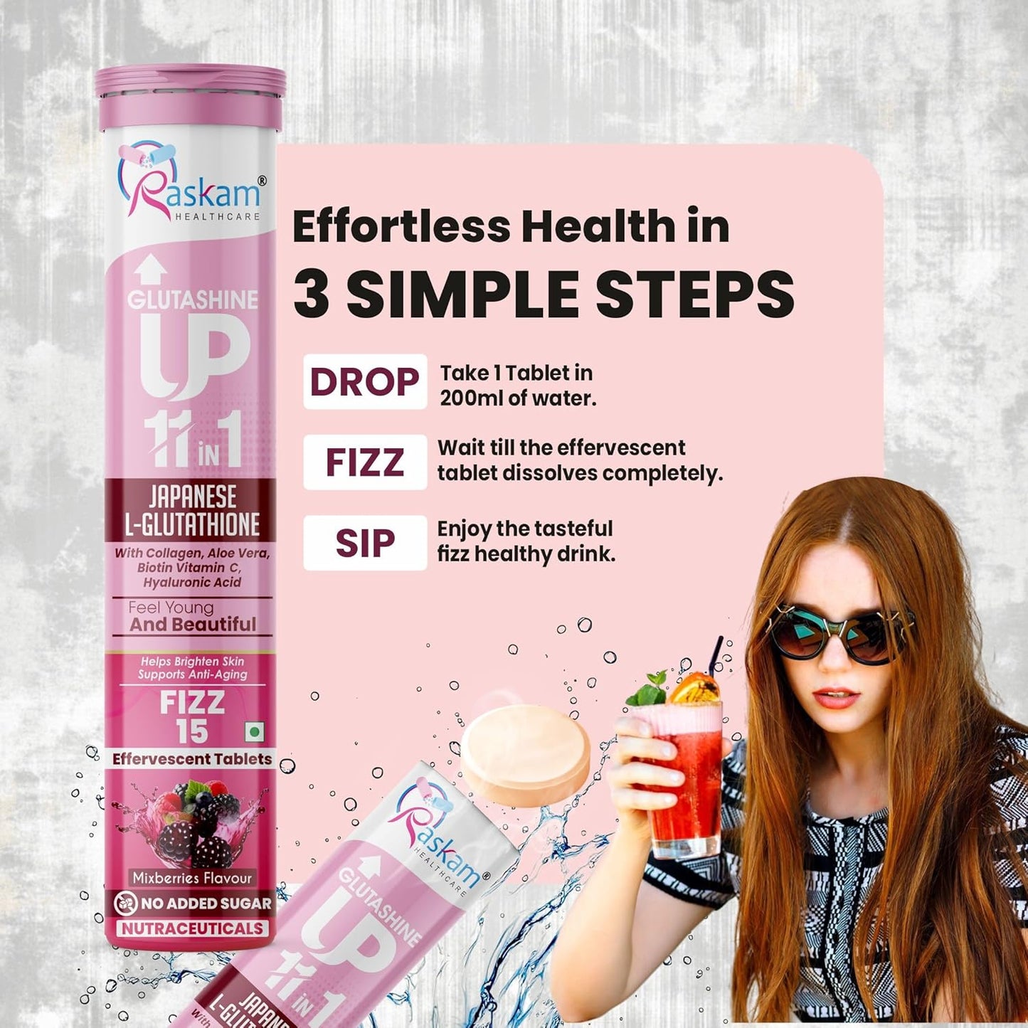 Glutathione Tablets Japanese L Glutathione 15 Effervescent Tablet In Mixberry Flavour With Collagen Aloevera Biotin Vitamin-c Hyaluronic Acid For Skin Glow & Hydration (Pack of 1)