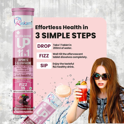 Glutathione Tablets Japanese L Glutathione 15 Effervescent Tablet In Mixberry Flavour With Collagen Aloevera Biotin Vitamin-c Hyaluronic Acid For Skin Glow & Hydration (Pack of 1)