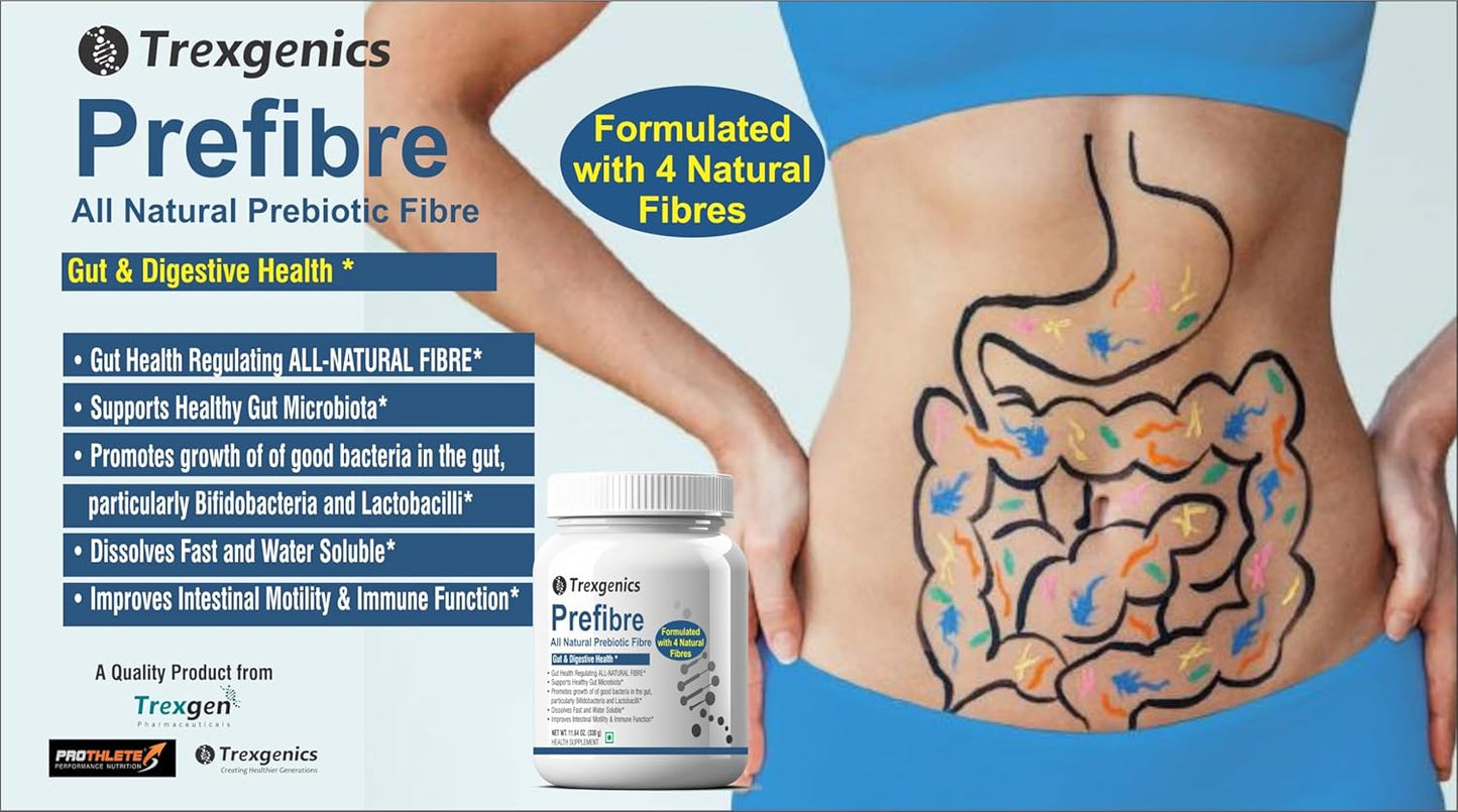 Trexgenics PREFIBRE 4X Natural PREBIOTIC FIBRES -Digestive & Gut Health Support, Frutafit HD Inulin, Fossence Fructooligosaccharides, Sunfiber PHGG & Gum Acacia Fibre, VEGETARIAN(330 gram) (Pack of 1)