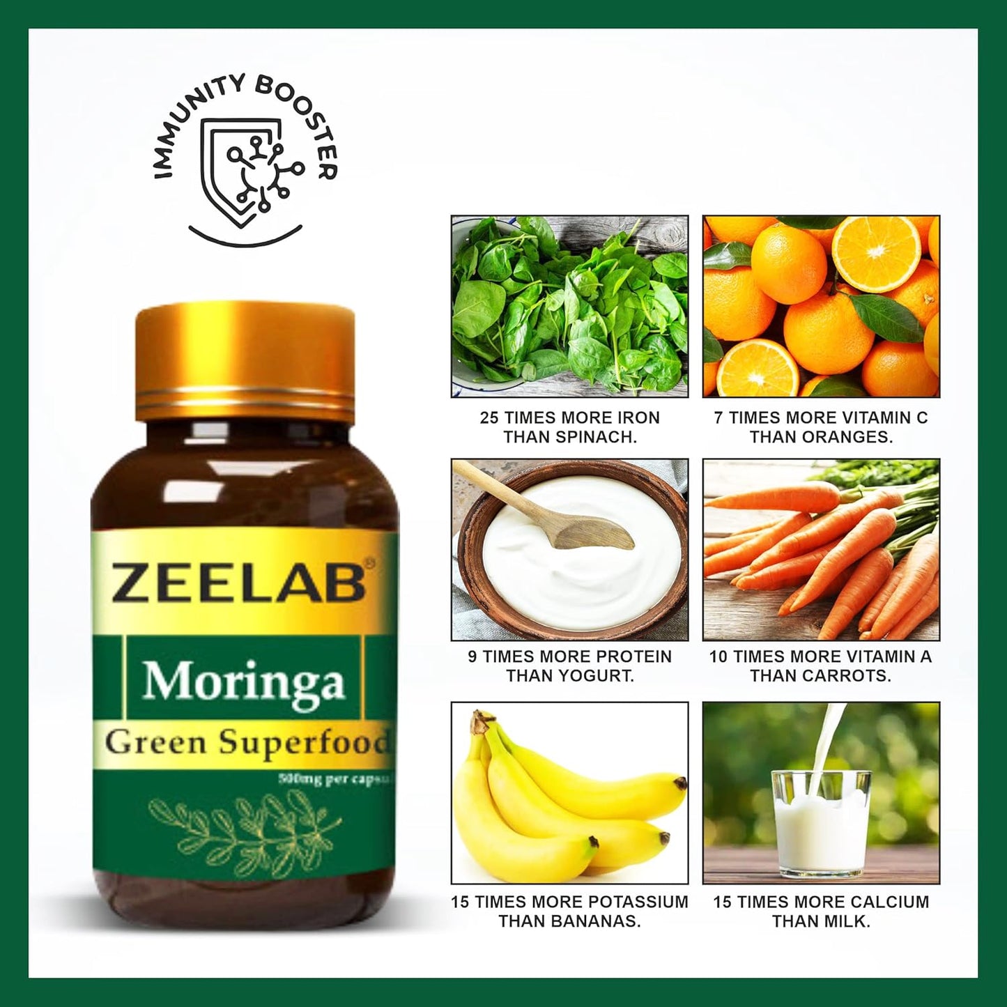 Zeelab Moringa Green Superfood Capsule | Immunity Supplements for Adults | 100% Vegetarian | Organic Moringa Leaf Powder 100 Capsules
