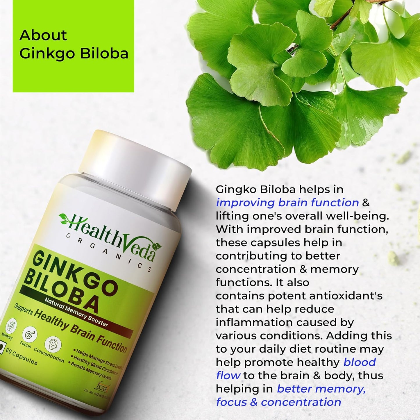 HEALTH VEDA ORGANICS PRIVATE LIMITED Ginkgo Biloba 120 mg | 60 Veg Capsules | Supports Better Concentration & Memory | For both Men & Women