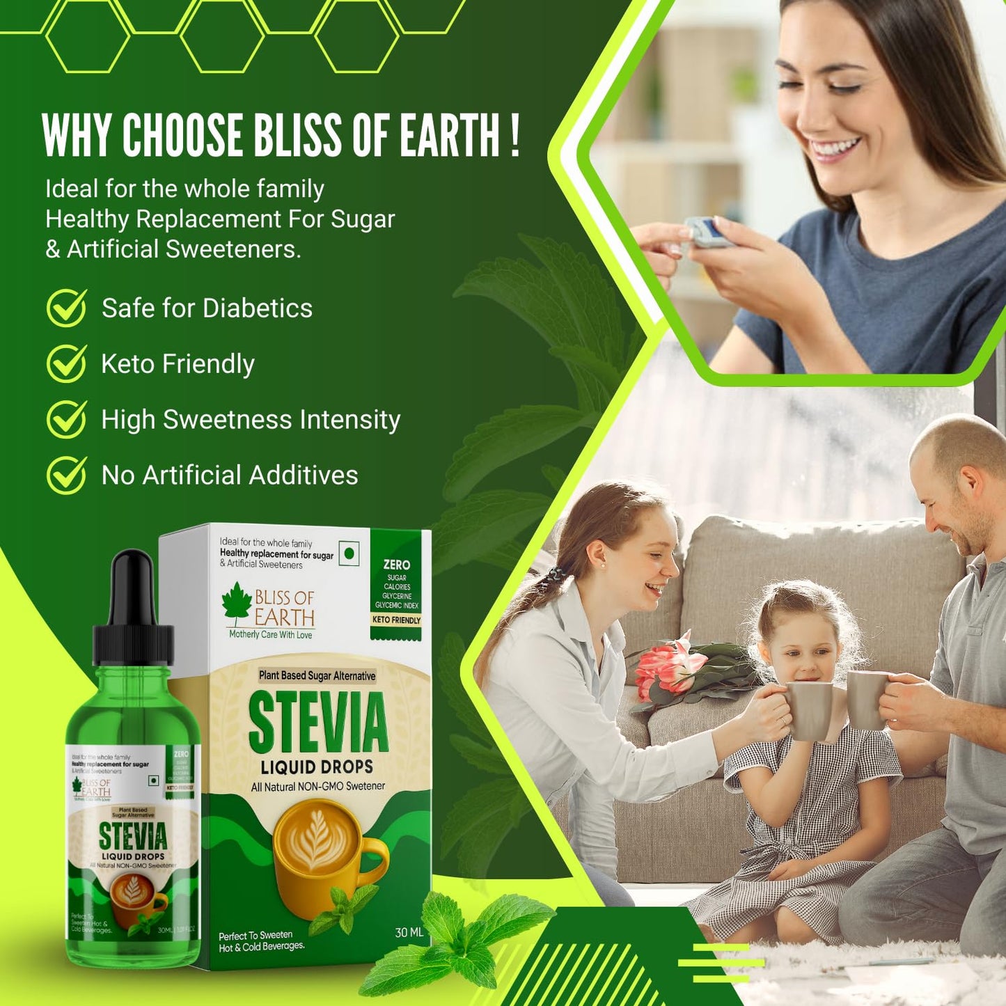 Bliss of Earth Stevia Liquid Drops Sugar free Zero Calorie Diabetic and Keto Friendly Sugar Substitute Glycerin Free 99.8% REB Glass Bottle Pack 30ml