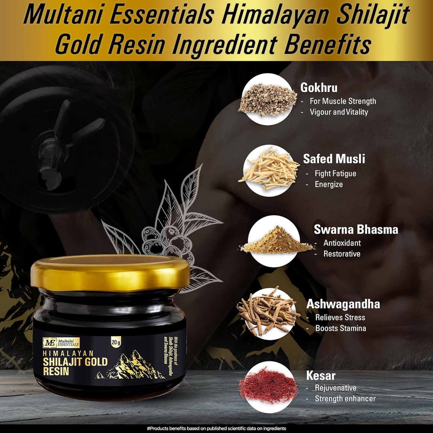 Multani Essentials Himalayan Shilajit Gold Resin 20gm with Ashwagandha, Safed Musli & Gold Extract | Stamina, Energy, and Power | Supports Rejuvenation | More Than 70% Fulvic Acid