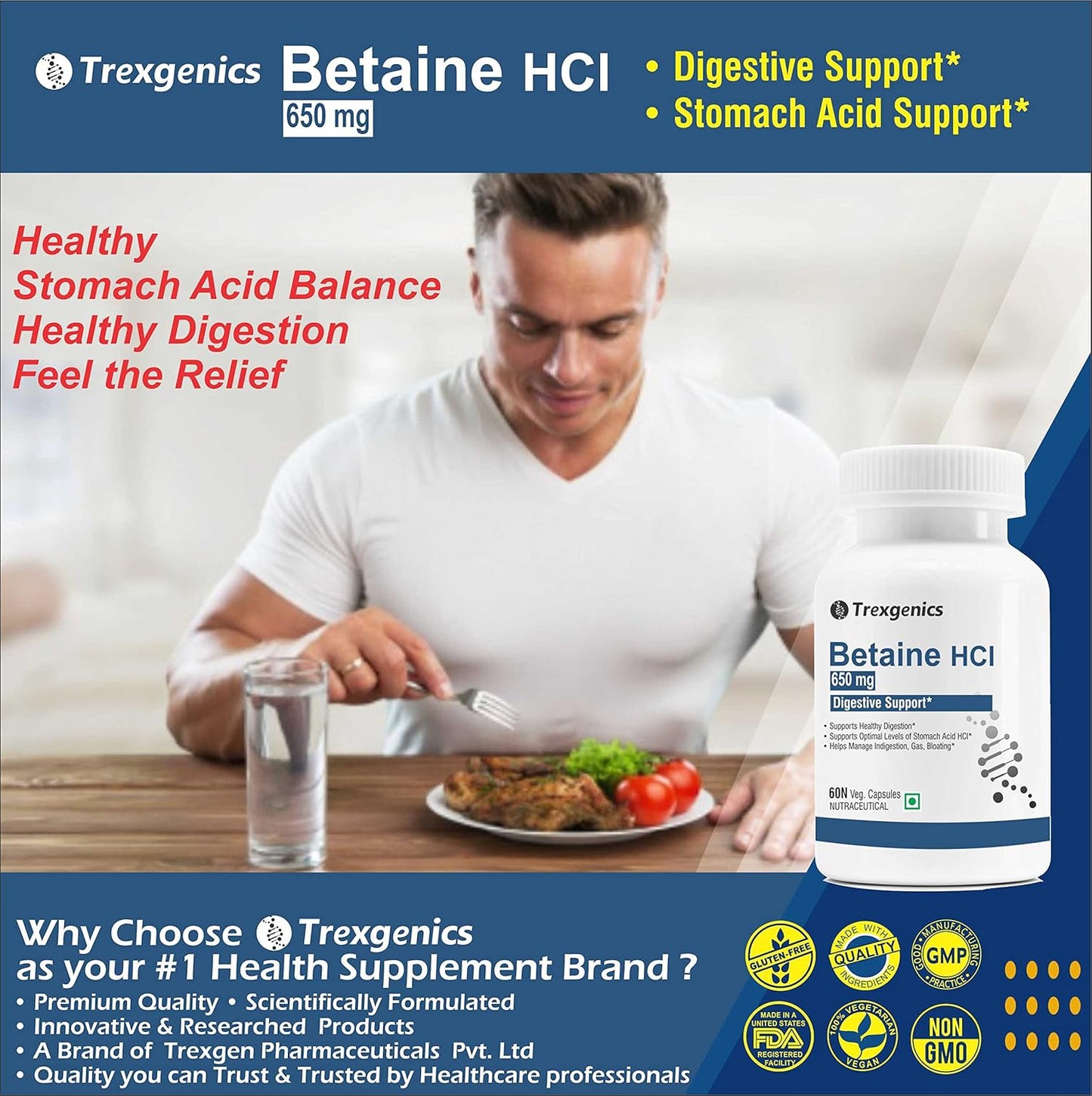 Trexgenics Betaine HCL 650 mg Stomach Acid Balance & Digestive Health Support (60 Veg. Capsules) (Pack of 1)