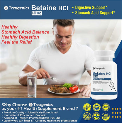 Trexgenics Betaine HCL 650 mg Stomach Acid Balance & Digestive Health Support (60 Veg. Capsules) (Pack of 1)