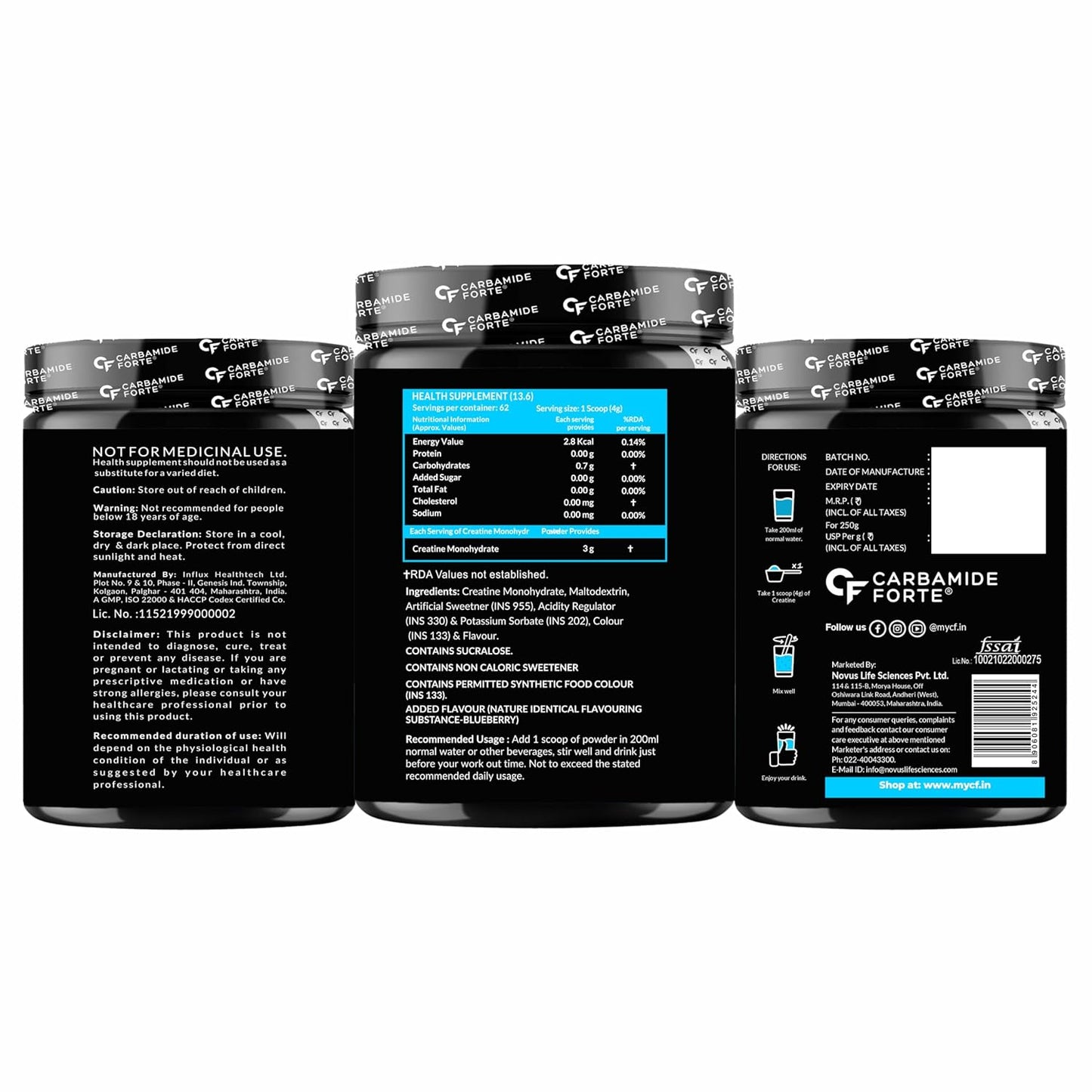 Carbamide Forte Monohydrate Creatine Powder Flavoured | Creatine Flavoured | Supplement for Lean Muscle Volumization, Strength & Energy - Blueberry - 62 Servings - 250 Grams