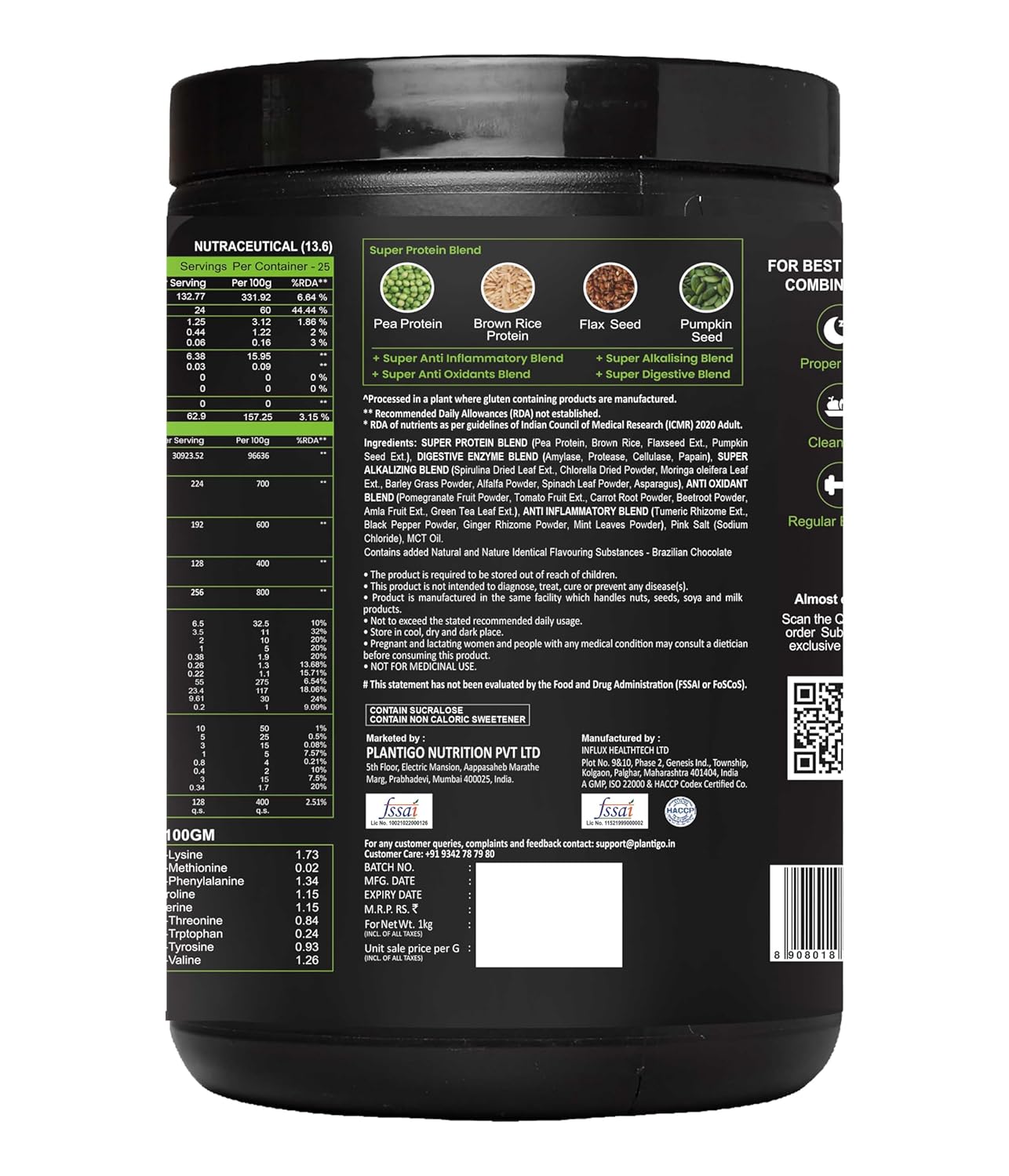 Plantigo Clean Plant Protein Powder | No Preservatives, No Banned Substances |Super Protein Blend- Pea, Brown Rice, Flax, Pumpkin 21SuperFoods Vegan Protein For Men, Women (Brazilian Chocolate - 1 Kg)