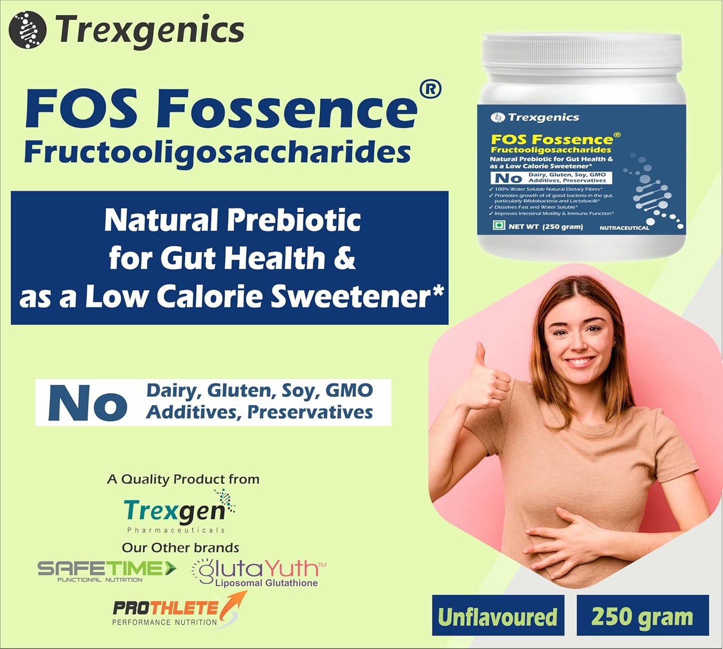 Trexgenics FOS FOSSENCE FRUCTOOLIGOSACCHARIDES PURE POWDER Prebiotic Soluble Fibres for Gut Health, Low Calorie Natural Sweetener (Fossence FOS (250 gram))