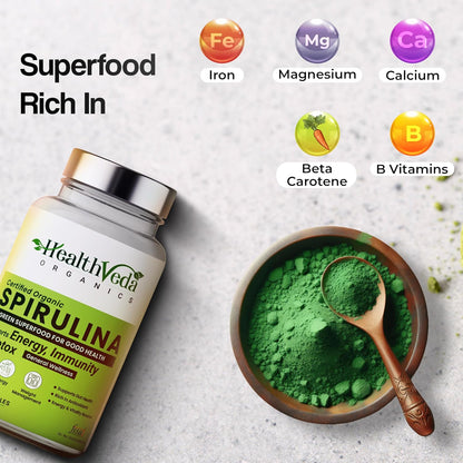 HEALTH VEDA ORGANICS PRIVATE LIMITED Plant Based Spirulina, 2000 mg | 120 Veg Capsules I Supports Weight Management & Boosts Immunity | For both Men & Women