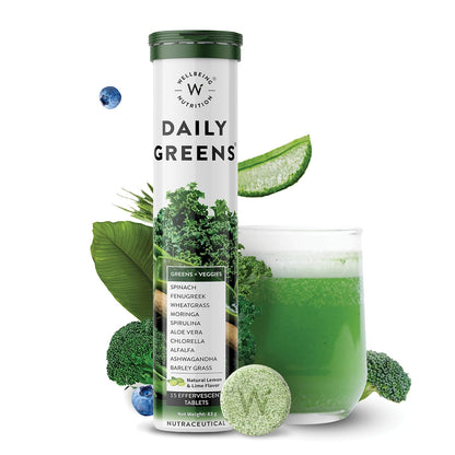Wellbeing Nutrition Daily Greens (15 Effervescent Tablets) | Wholefood Multivitamins with Vitamin C, Zinc, B6 for Immunity & Detox with Organic Certified Plant Superfoods & Antioxidants