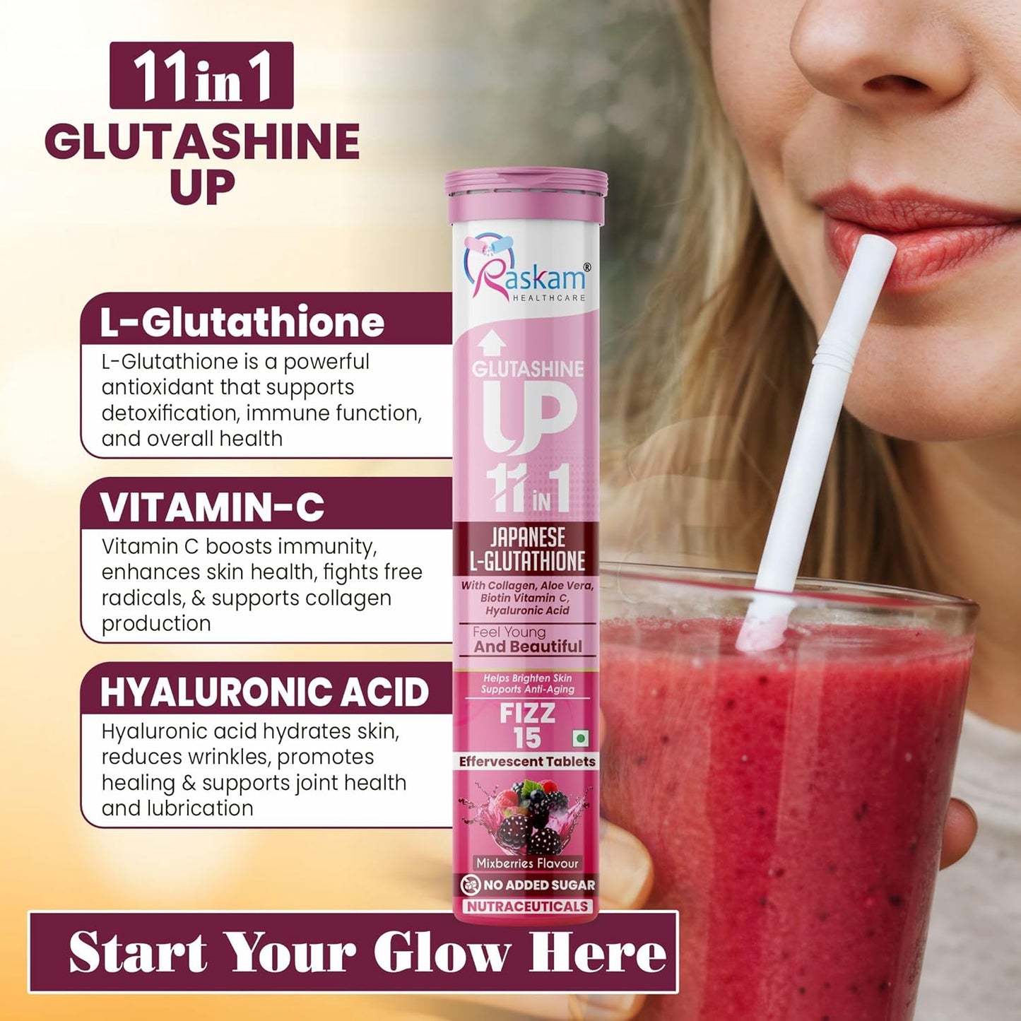 Glutathione Tablets Japanese L Glutathione 15 Effervescent Tablet In Mixberry Flavour With Collagen Aloevera Biotin Vitamin-c Hyaluronic Acid For Skin Glow & Hydration (Pack of 1)