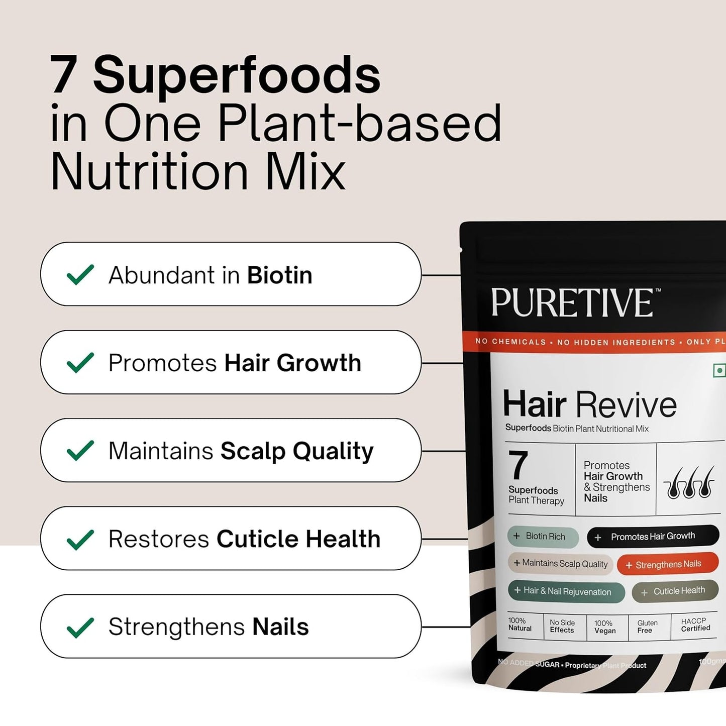 Puretive Hair Revive | Plant Based Biotin Powder | Promotes Healthy Hair and Fights Hair Fall | Promotes Hair Growth - 100% PURE, Non-GMO, Vegan | Superfood for Everday use | Just Mix & Sip | 100gms